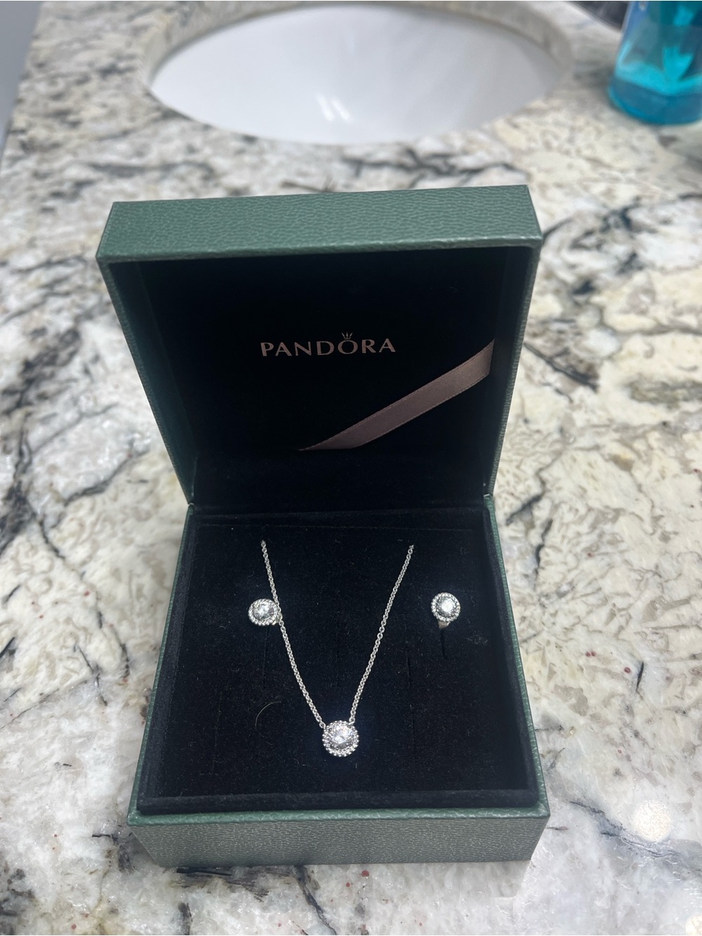 Pandora Silver White Halo Pendant Necklace with Stud Earrings